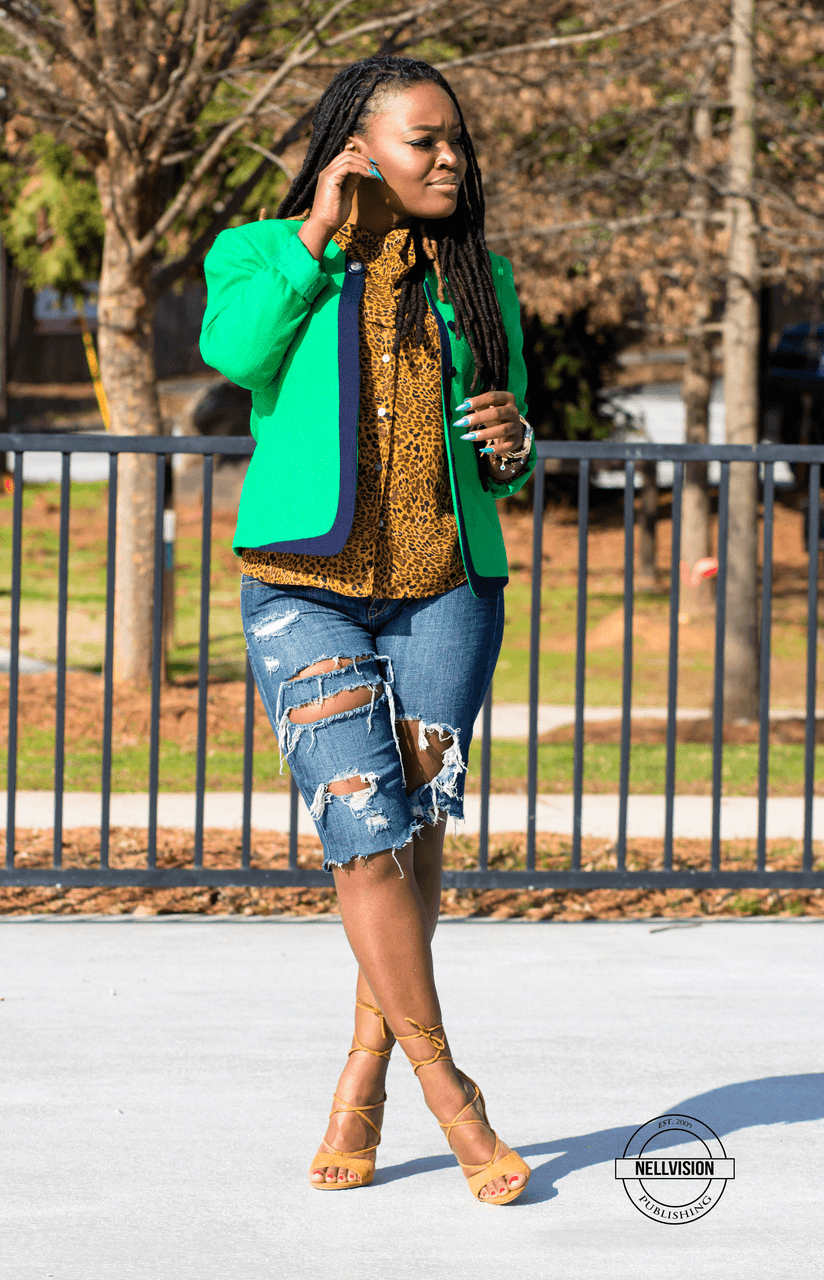 STYLE: GREEN BLAZER X RIPPED DENIM SHORTS