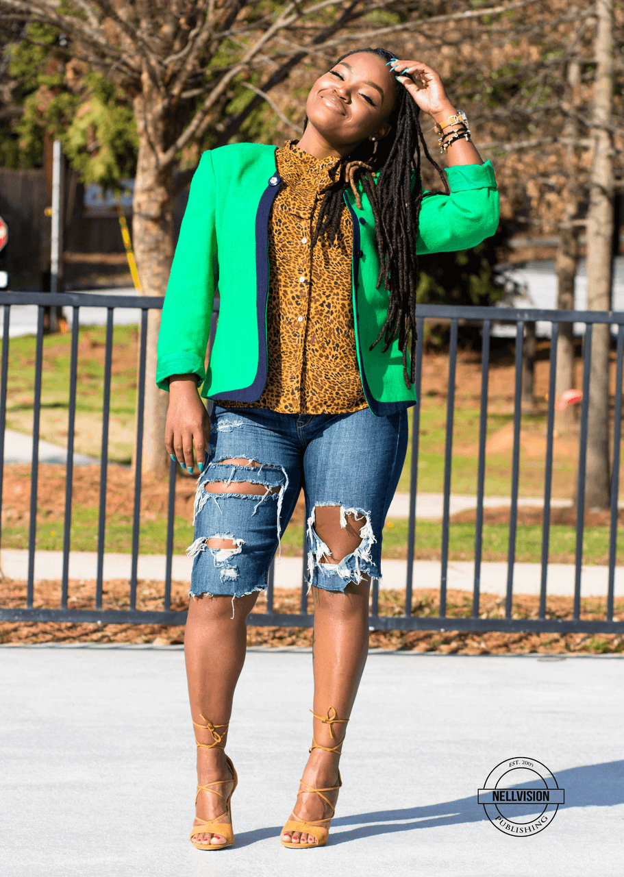 STYLE: GREEN BLAZER X RIPPED DENIM SHORTS