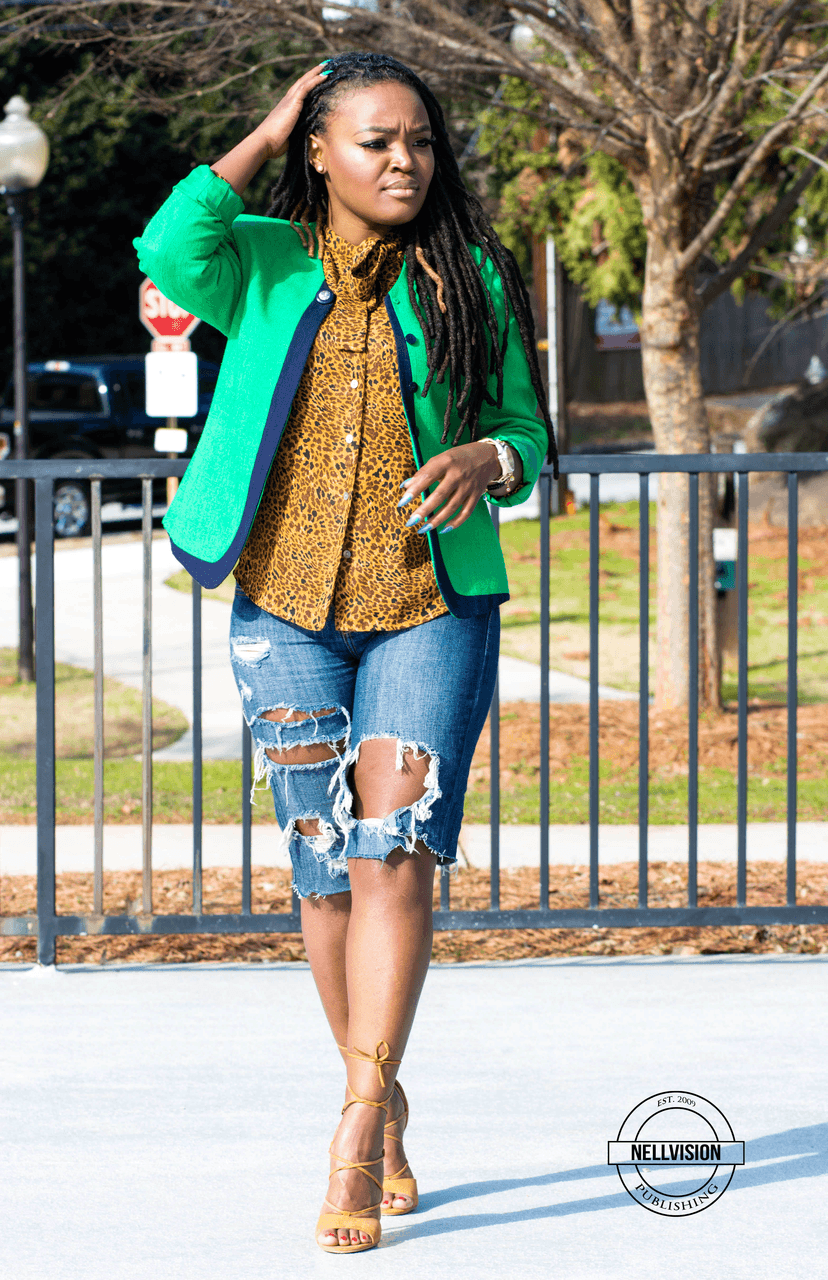 STYLE: GREEN BLAZER X RIPPED DENIM SHORTS