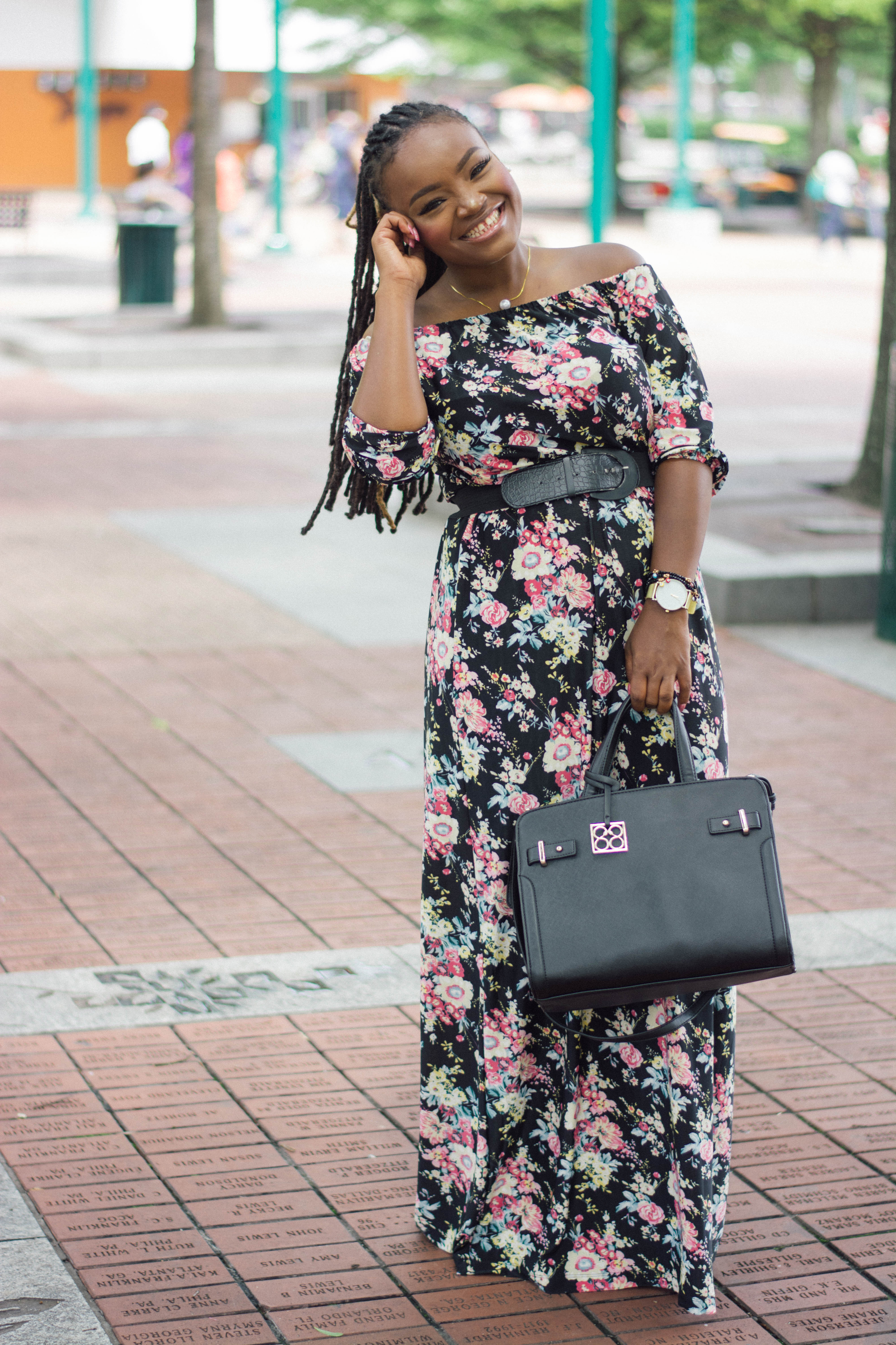 GCGME OFF THE SHOULDER FLORAL MAXI DRESS