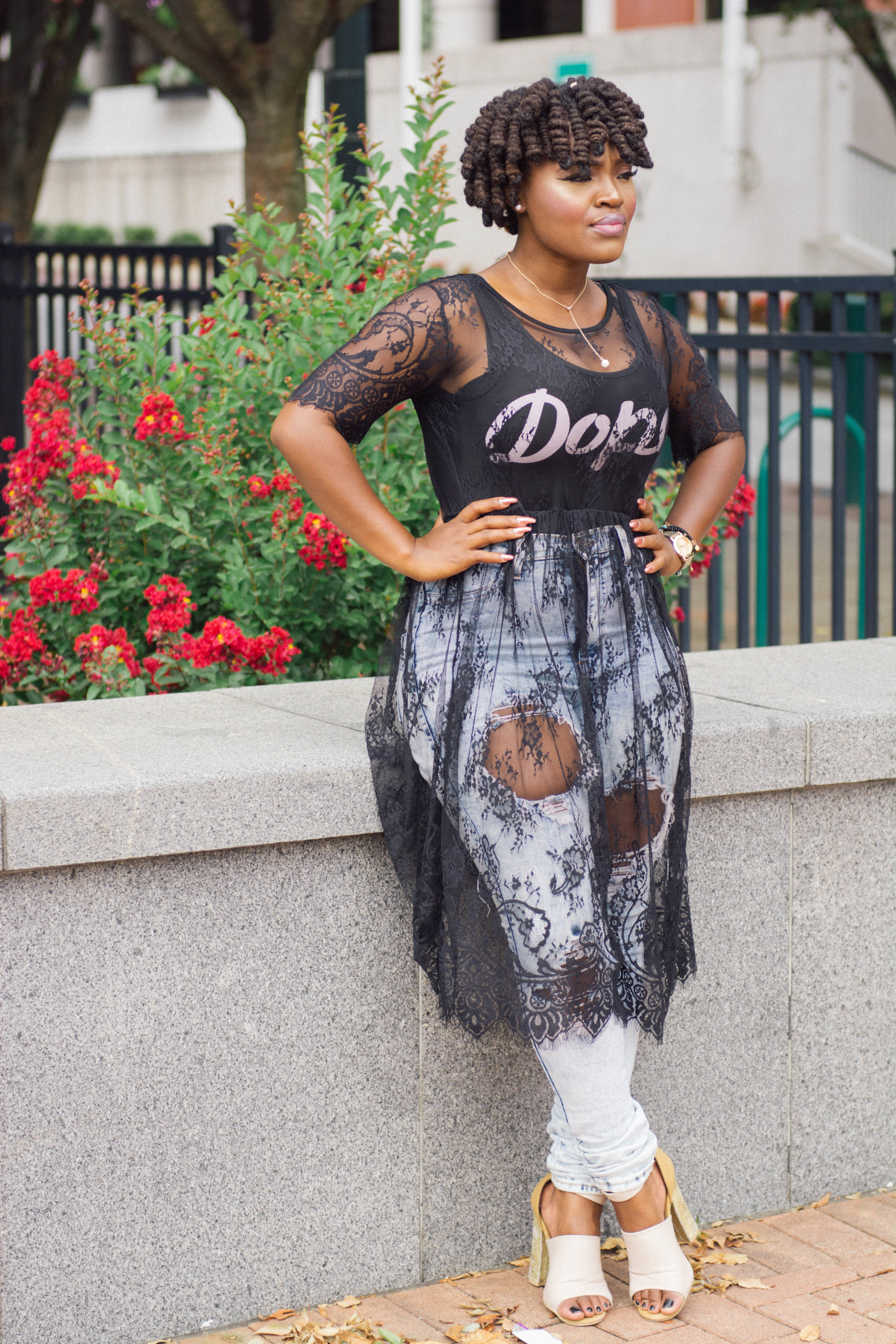 BLACK LACE SWIMSUIT COVERUP X RIPPED DENIM