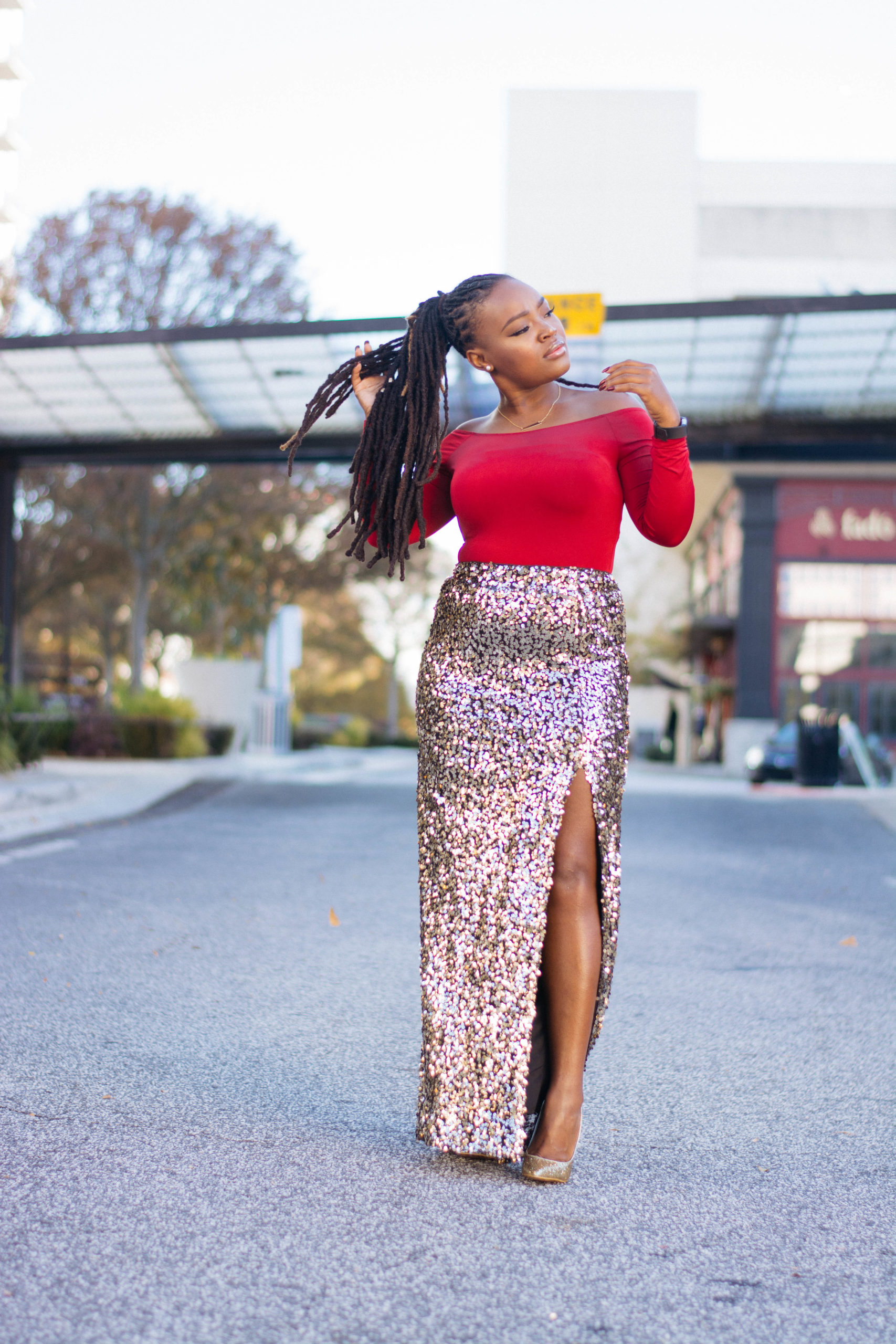 HOLIDAY FORMAL: RED BODYSUIT X SEQUIN MAXI SKIRT