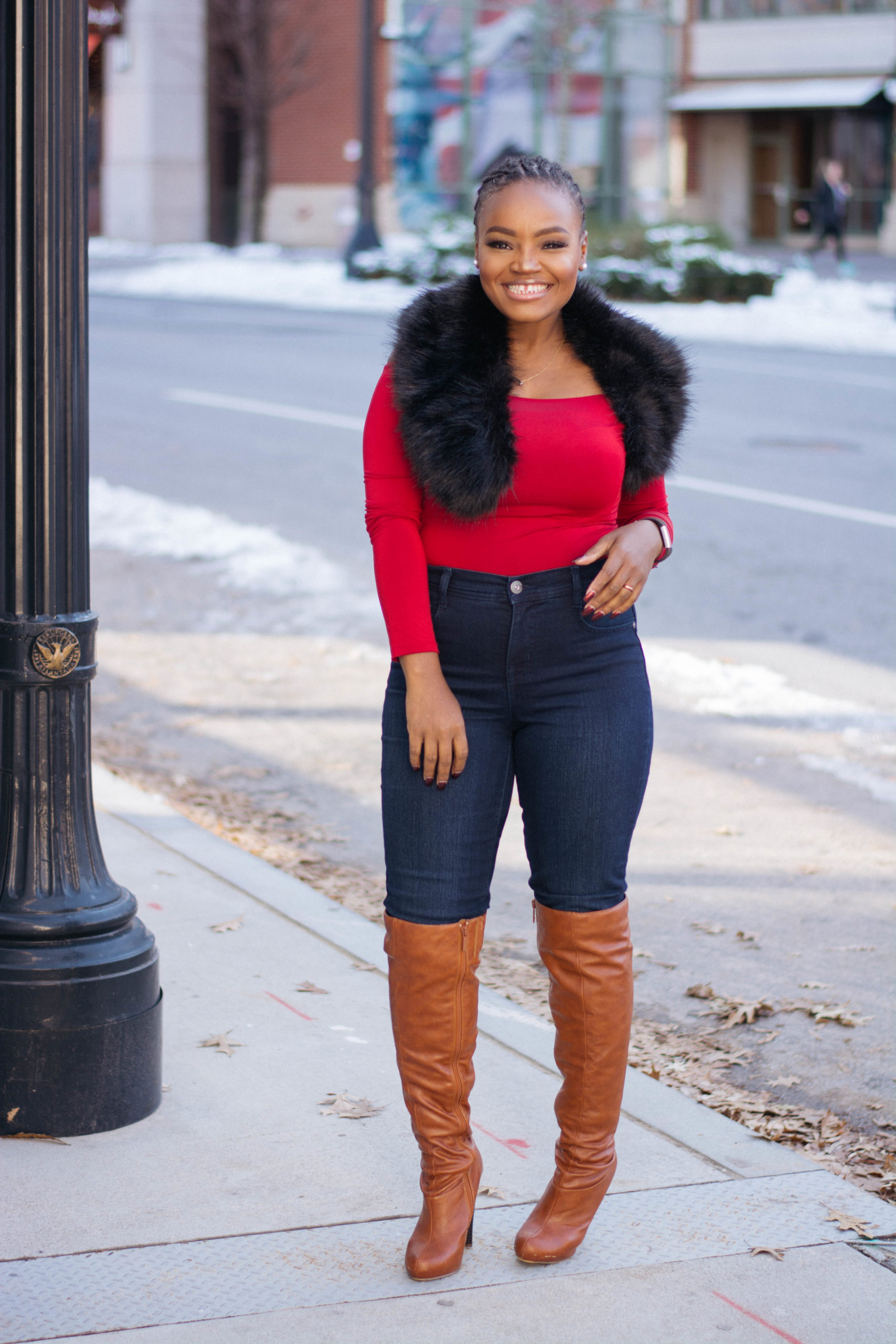 DATE NIGHT: OFF THE SHOULDER RED BODYSUIT X DENIM