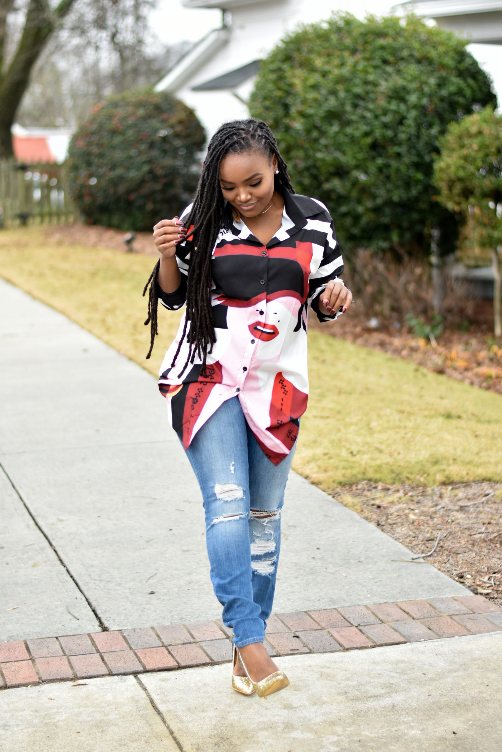 MEETING: BUTTON DOWN SHIRT DRESS OVER DENIM