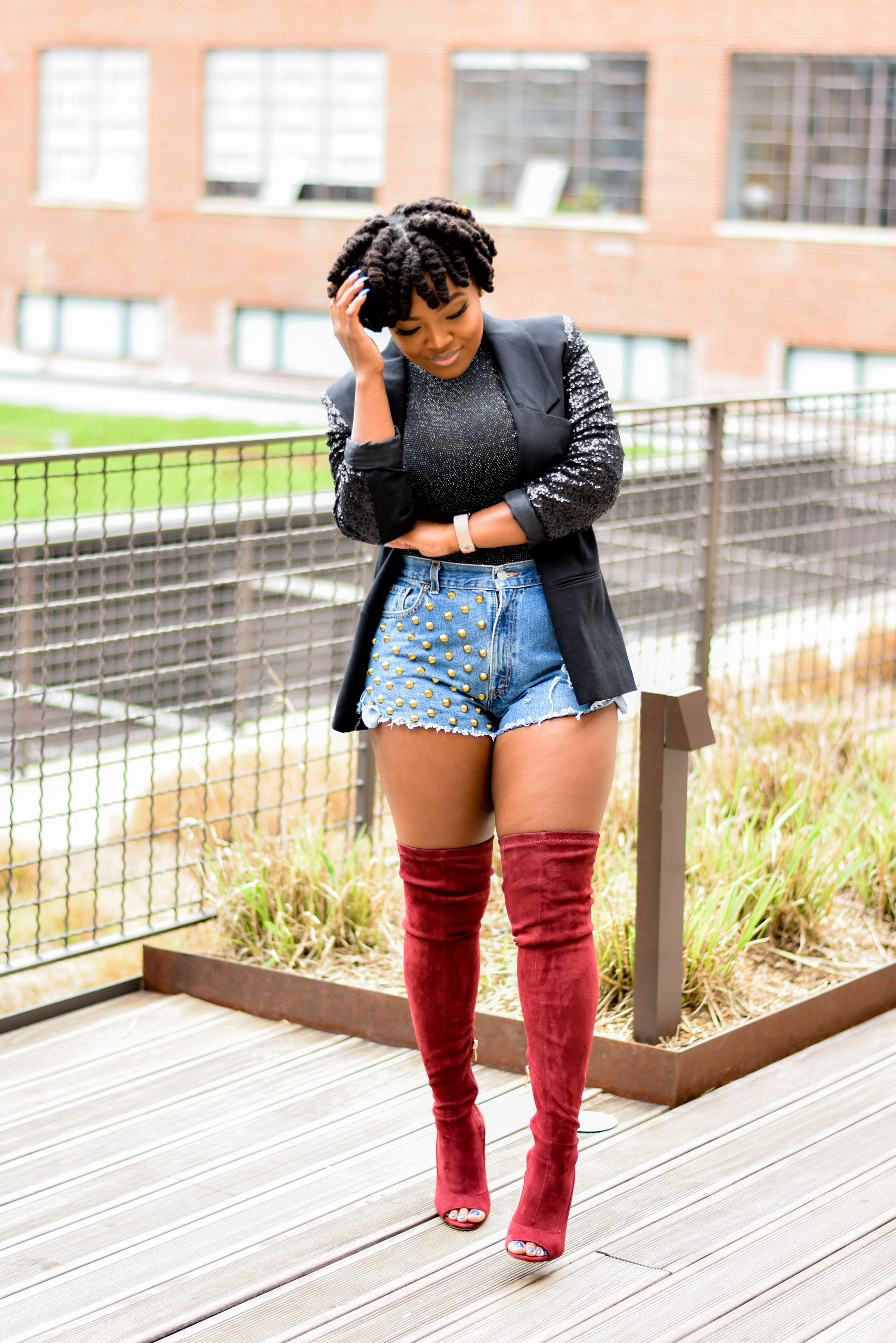 denim shorts and knee high boots