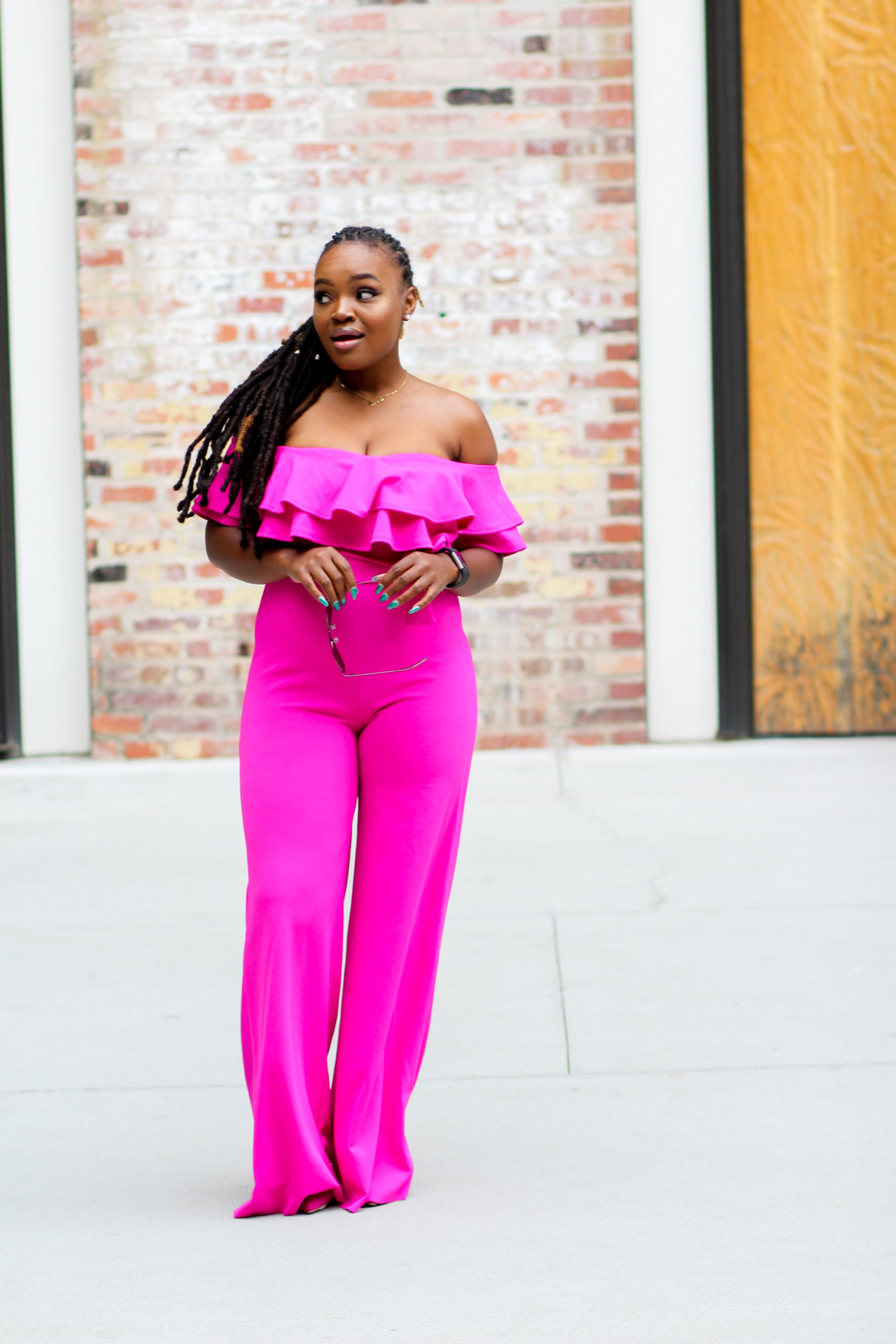 PINK OFF THE SHOULDER JUMPSUIT