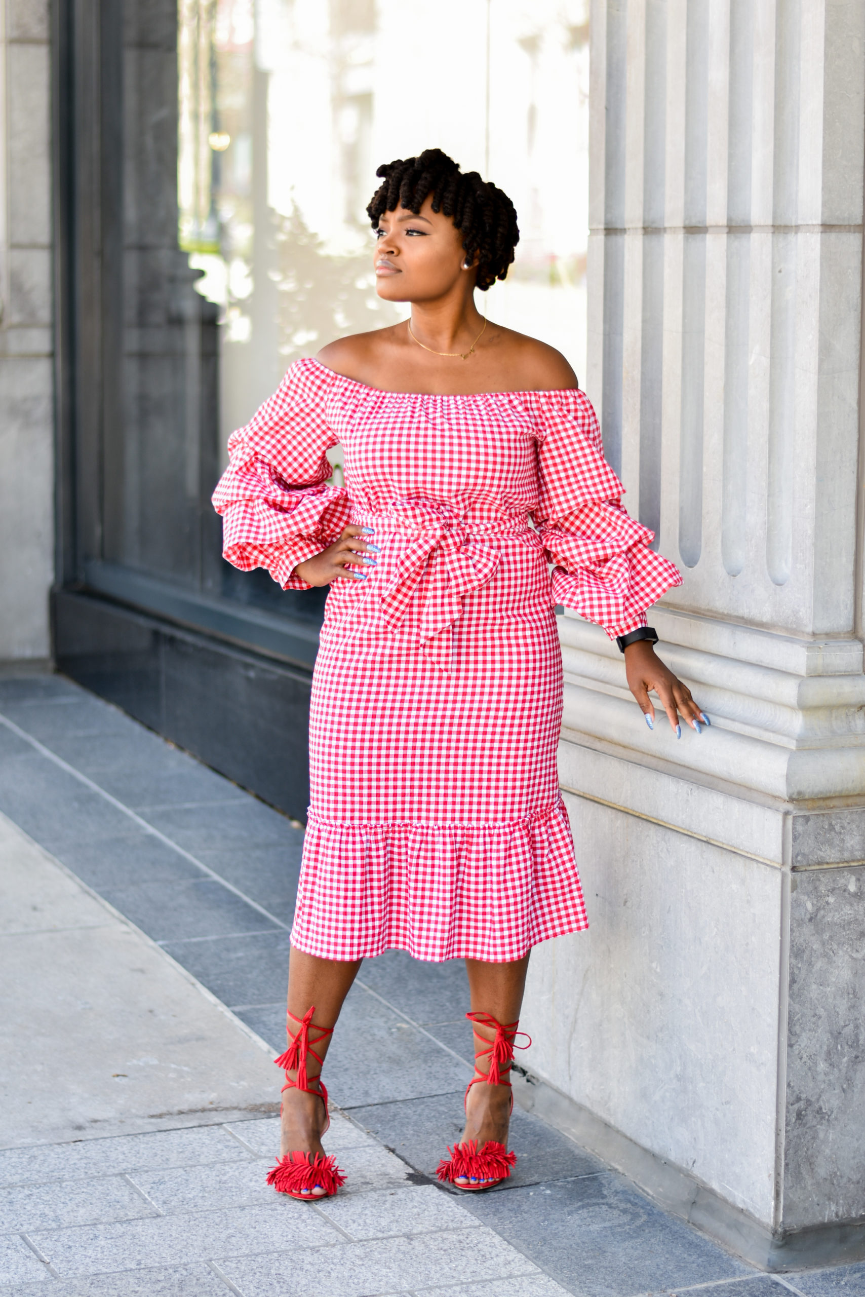 GINGHAM OFF THE SHOULDER TARGET DRESS