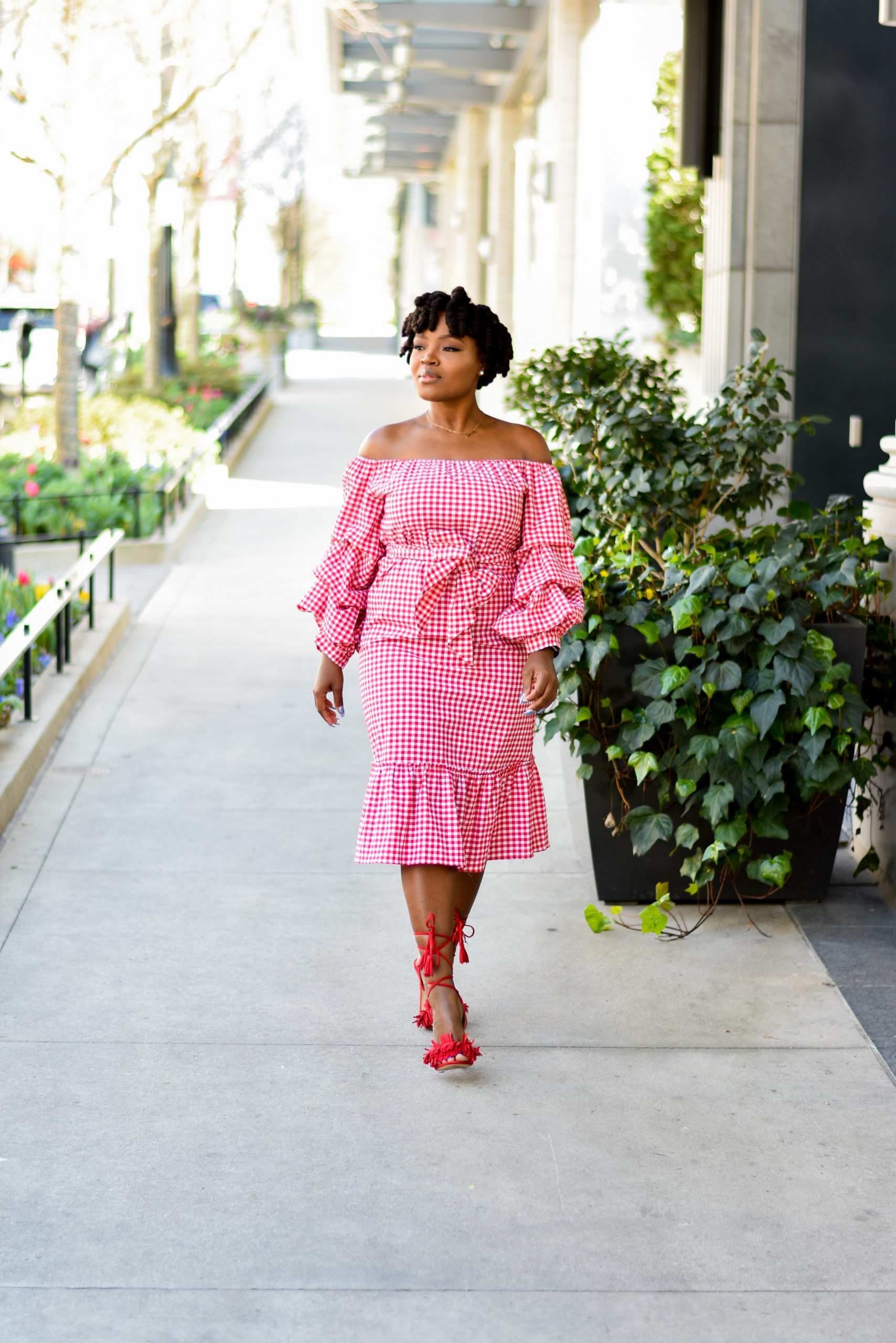 GINGHAM OFF THE SHOULDER TARGET DRESS