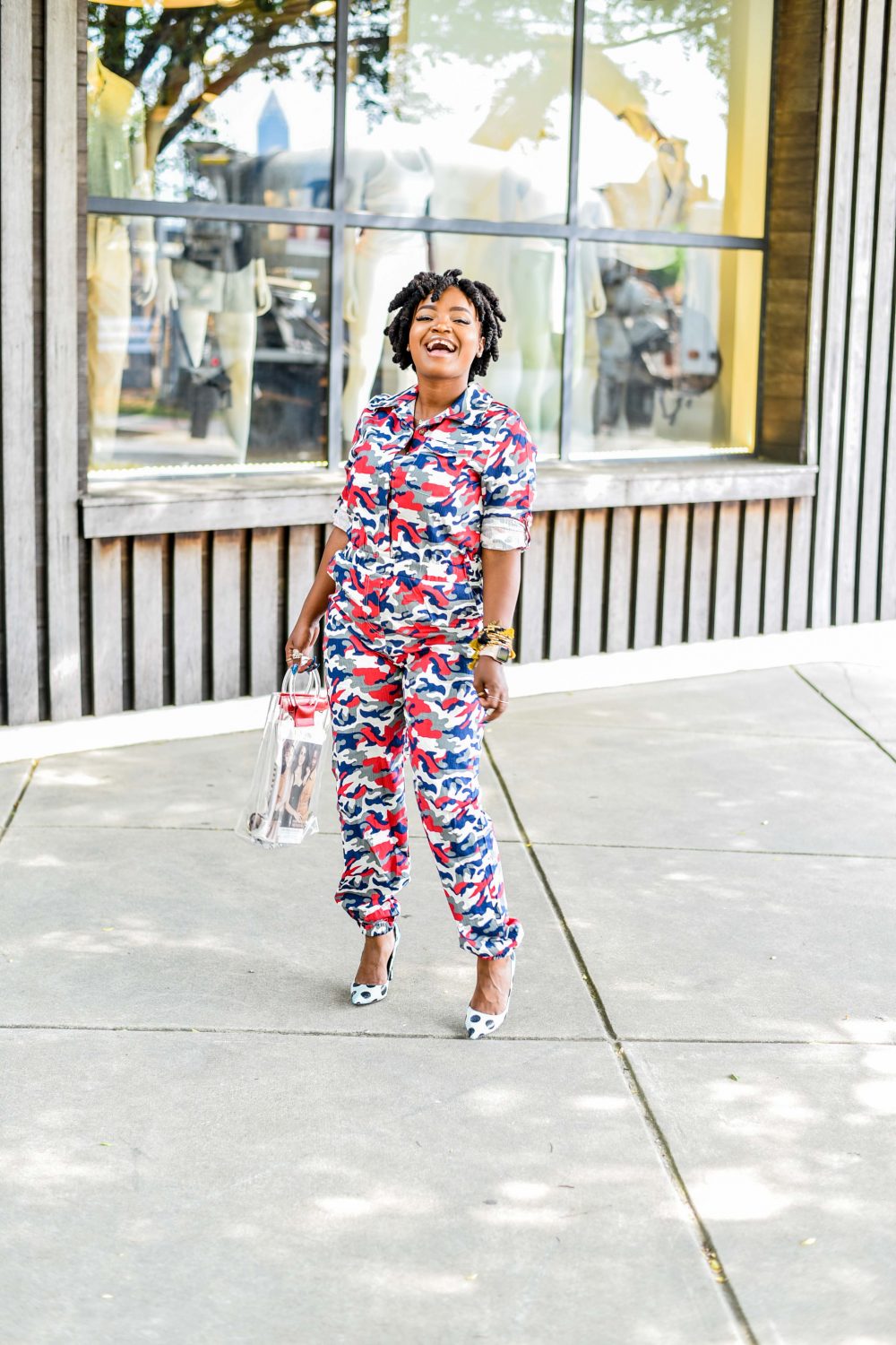 CAMO JUMPSUIT OVER POLKA DOTS -HAITIAN HERITAGE WEEK 
