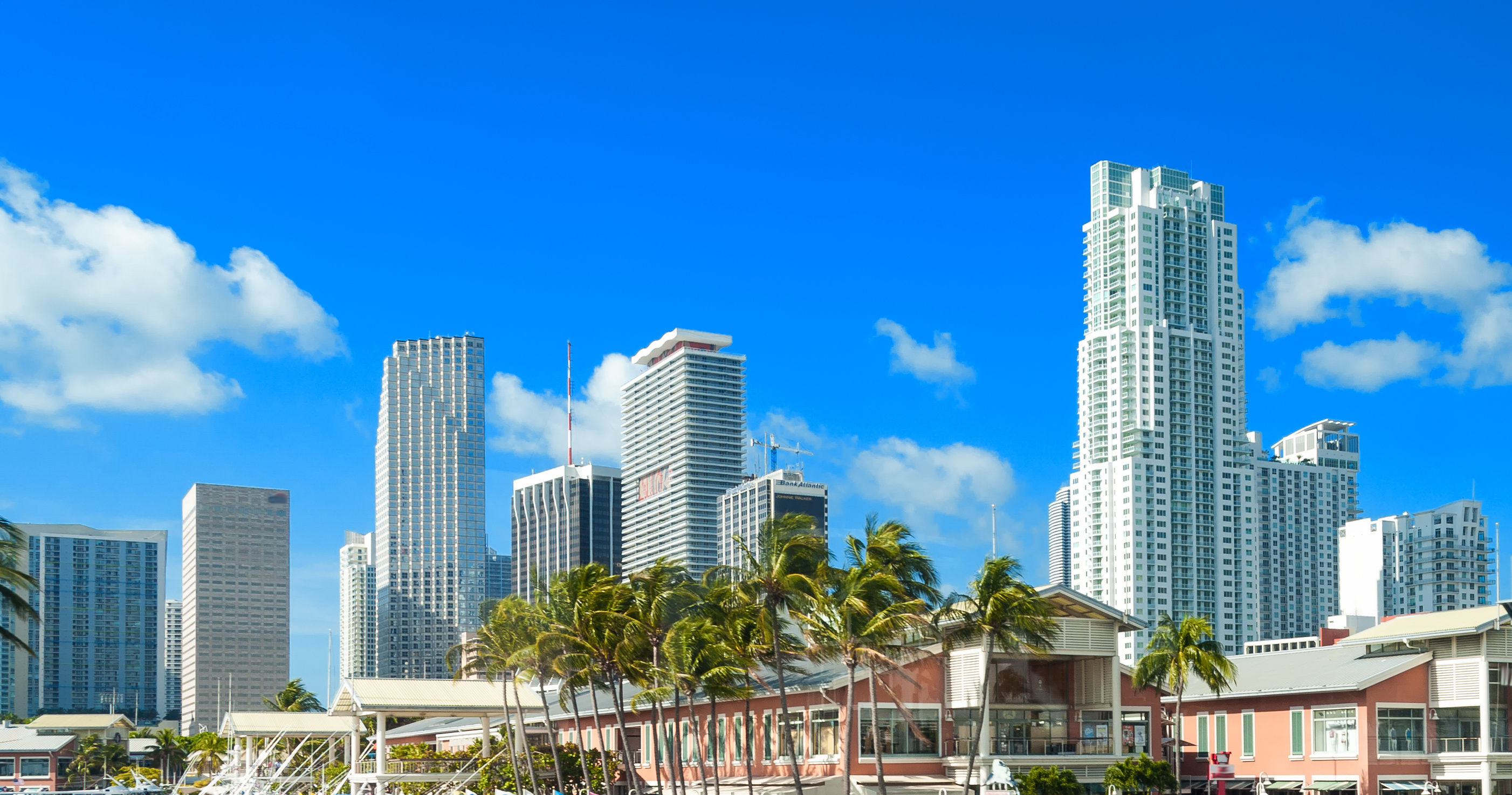 Sunny sky of Miami. City buildings and skyline PRIIINCESSS