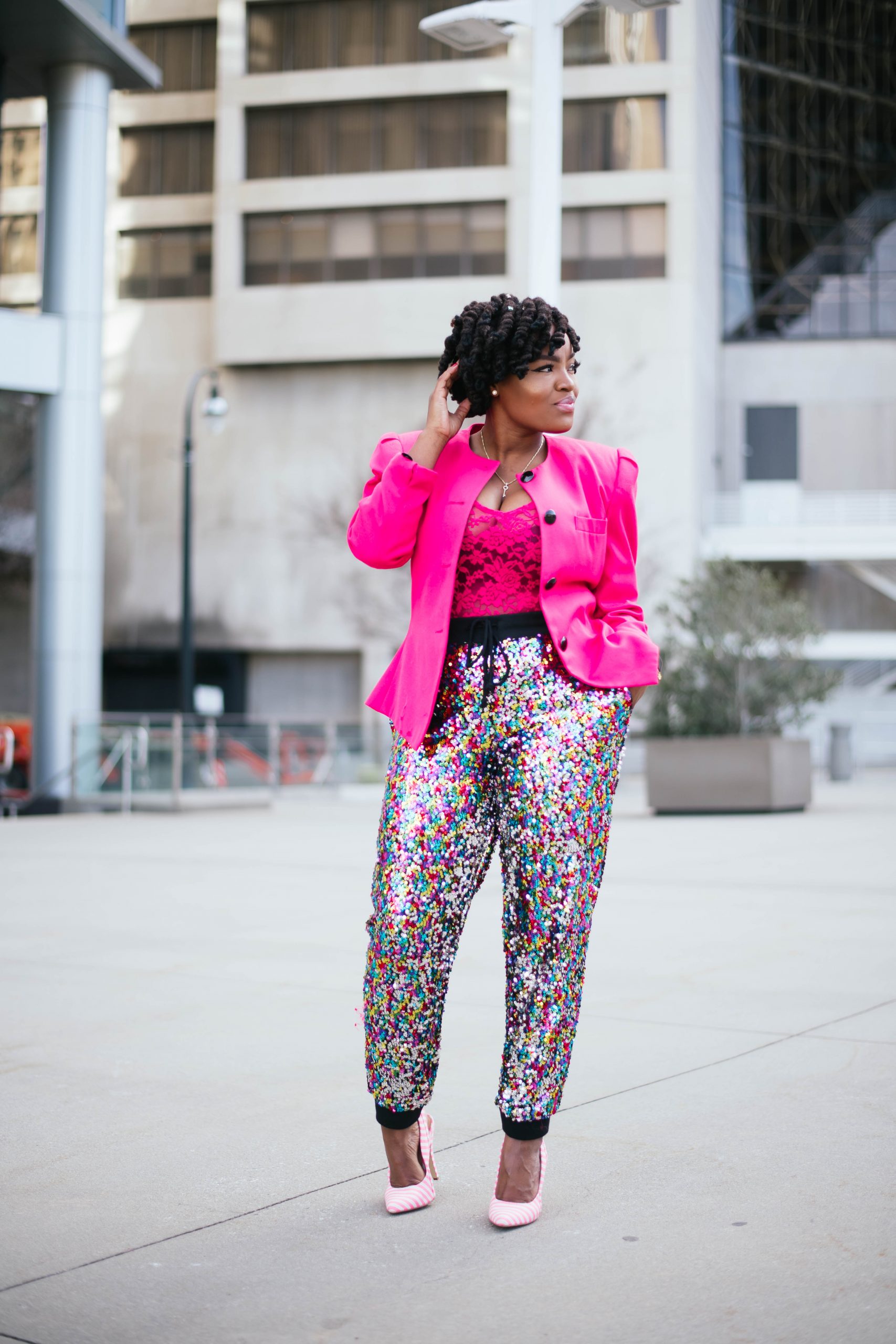 HOW TO WEAR SEQUIN JOGGERS TO THE OFFICE
