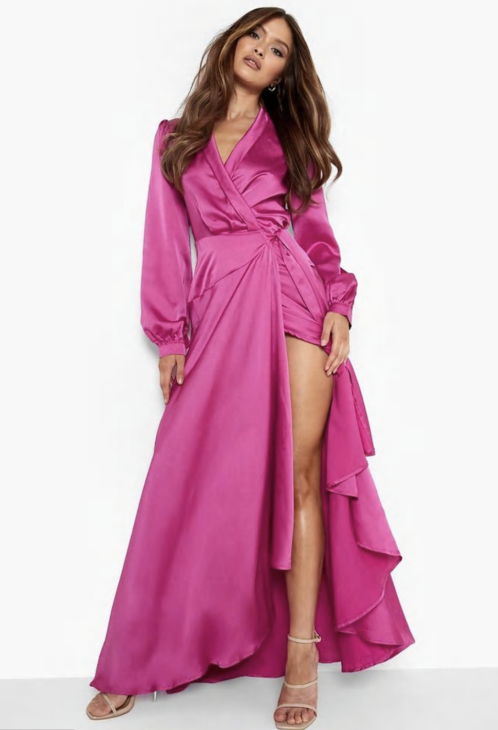 SATIN WRAP BELTED MAXI DRESS