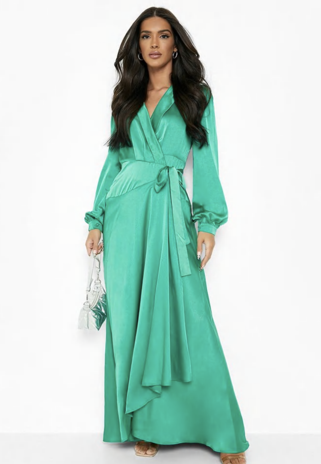 SATIN WRAP BELTED MAXI DRESS